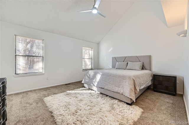 bedroom featuring a ceiling fan, carpet, high vaulted ceiling, and baseboards