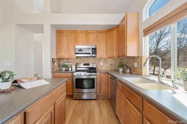 kitchen with appliances with stainless steel finishes, a sink, light wood-style flooring, and decorative backsplash