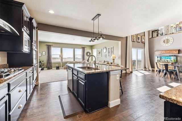 kitchen featuring appliances with stainless steel finishes, dark hardwood / wood-style flooring, sink, and a center island with sink