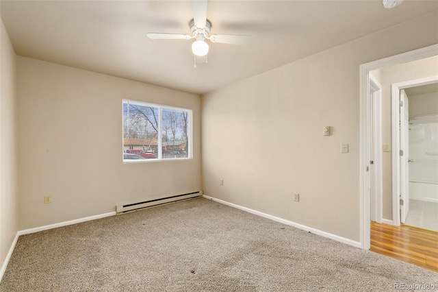 unfurnished room with a baseboard radiator, carpet flooring, baseboards, and a ceiling fan