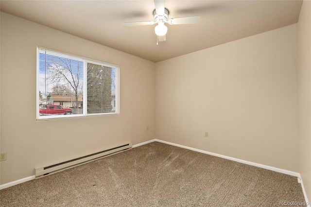 empty room featuring a baseboard heating unit, dark carpet, a ceiling fan, and baseboards