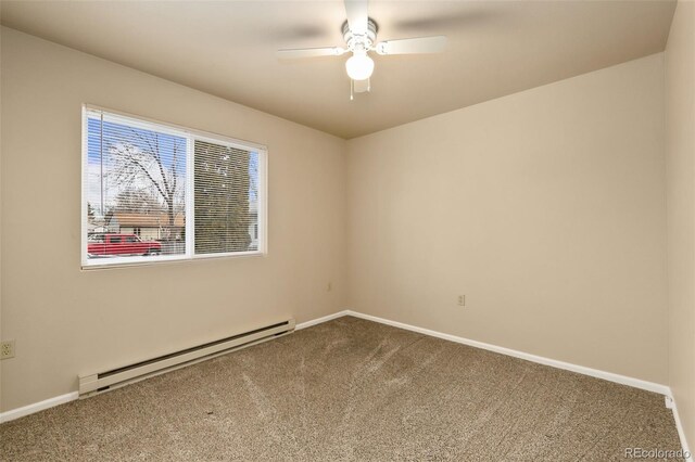1502 E 5th St, Loveland, CO 80537 - empty room featuring a baseboard heating unit, dark carpet, a ceiling fan, and baseboards