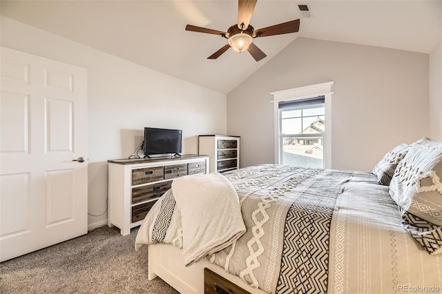 bedroom featuring lofted ceiling, ceiling fan, visible vents, and light colored carpet