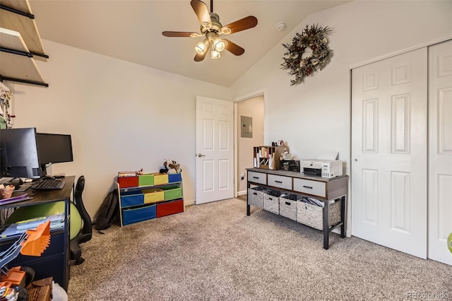 interior space with lofted ceiling, ceiling fan, and electric panel