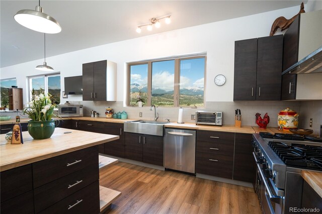 11865 Rangeview Cir, Salida, CO 81201 - kitchen featuring appliances with stainless steel finishes, a sink, butcher block countertops, decorative backsplash, and wall chimney exhaust hood