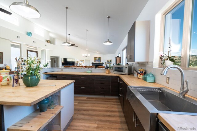 11865 Rangeview Cir, Salida, CO 81201 - kitchen with wooden counters, a sink, stainless steel microwave, open floor plan, and lofted ceiling