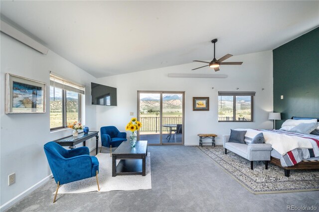 11865 Rangeview Cir, Salida, CO 81201 - bedroom featuring access to exterior, vaulted ceiling, carpet floors, baseboards, and a ceiling fan