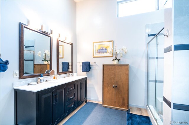 11865 Rangeview Cir, Salida, CO 81201 - full bathroom with a shower stall, double vanity, a towering ceiling, and wood finished floors