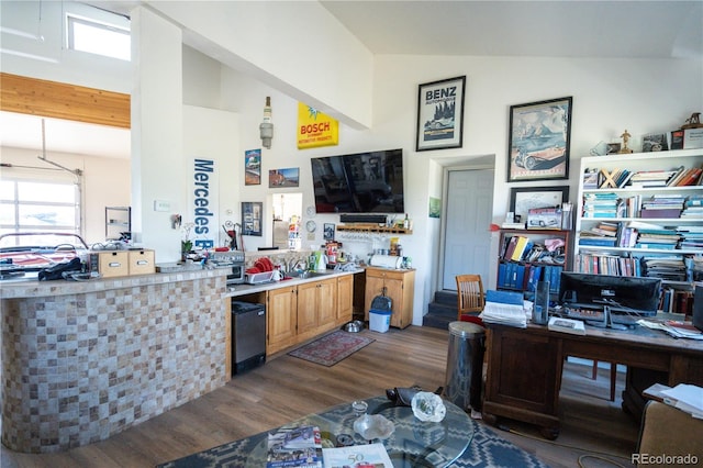 11865 Rangeview Cir, Salida, CO 81201 - home office featuring dark wood-style flooring and high vaulted ceiling