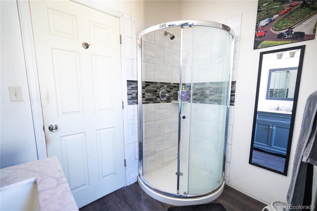 11865 Rangeview Cir, Salida, CO 81201 - bathroom featuring a shower stall, vanity, and wood finished floors