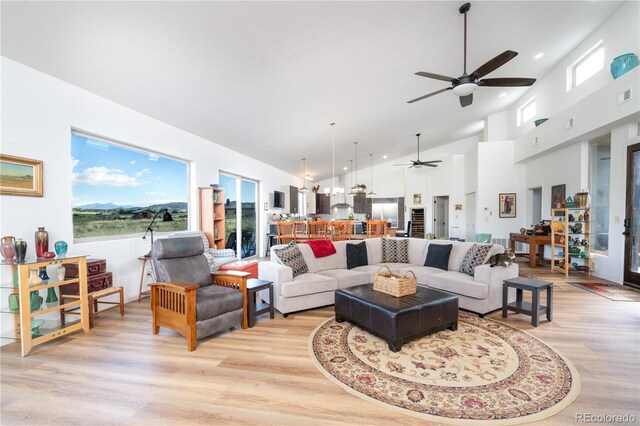 11865 Rangeview Cir, Salida, CO 81201 - living room featuring ceiling fan, light wood-type flooring, recessed lighting, and high vaulted ceiling