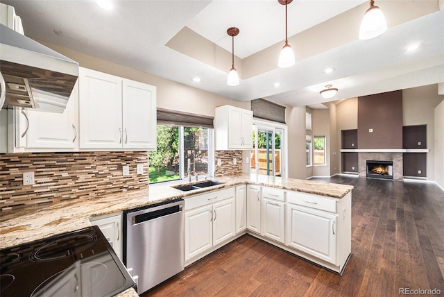 5573 S Taft St, Littleton, CO 80127 - kitchen featuring dishwasher, range with electric stovetop, exhaust hood, dark wood-style floors, and recessed lighting