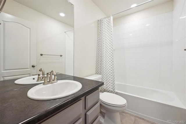 3831 E 141st Ave, Thornton, CO 80602 - bathroom featuring toilet, vanity, shower / bath combination with curtain, and tile patterned flooring
