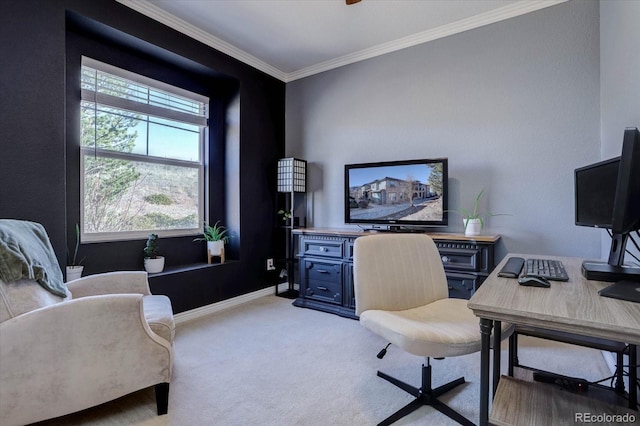 office space with ornamental molding and light carpet