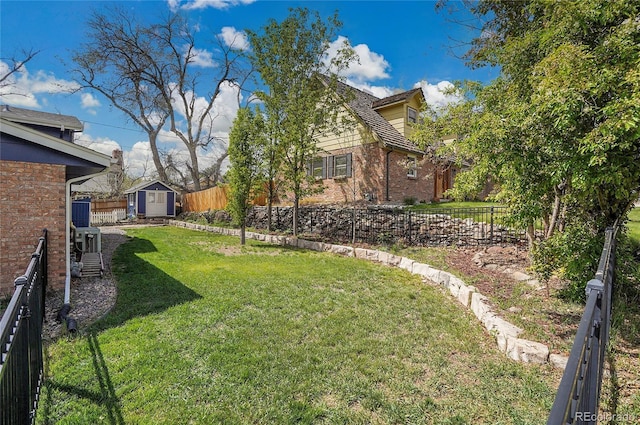 view of yard with a storage shed, an outbuilding, and a fenced backyard