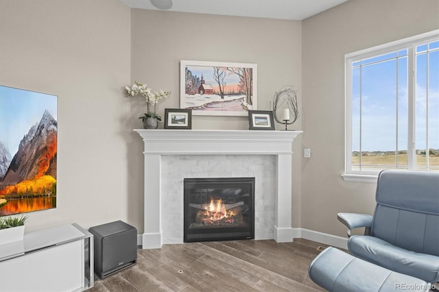 living area with wood finished floors, a brick fireplace, and baseboards