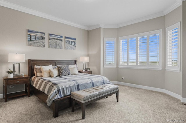 bedroom with baseboards, carpet, and ornamental molding