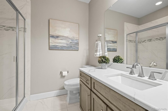 bathroom with a marble finish shower, marble finish floors, vanity, toilet, and baseboards
