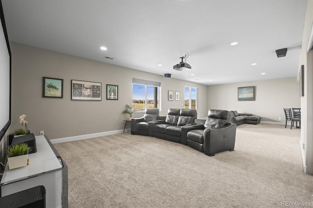 living area with carpet, recessed lighting, and baseboards