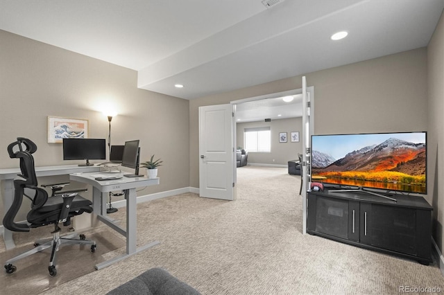 carpeted office space with baseboards and recessed lighting