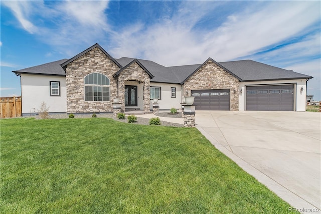 french country home featuring an attached garage, concrete driveway, stone siding, stucco siding, and a shingled roof