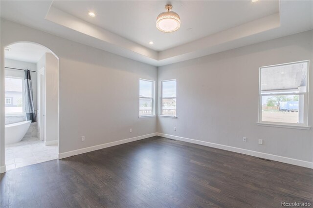 unfurnished room featuring a raised ceiling, plenty of natural light, arched walkways, wood finished floors, and recessed lighting