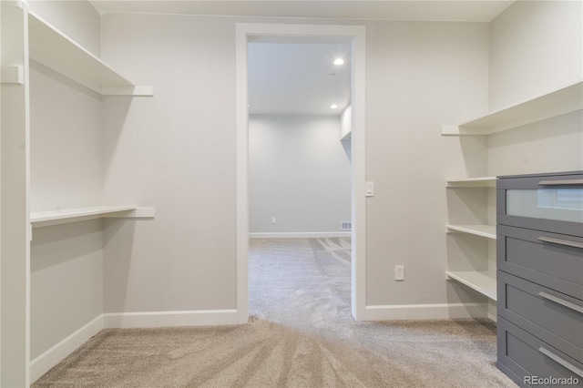 walk in closet featuring carpet flooring