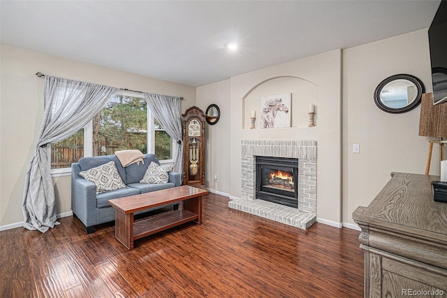 living room featuring a fireplace and dark wood-type flooring