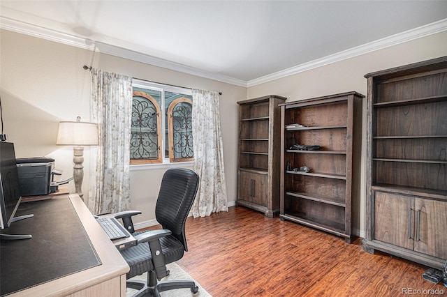 office space featuring ornamental molding and dark hardwood / wood-style floors