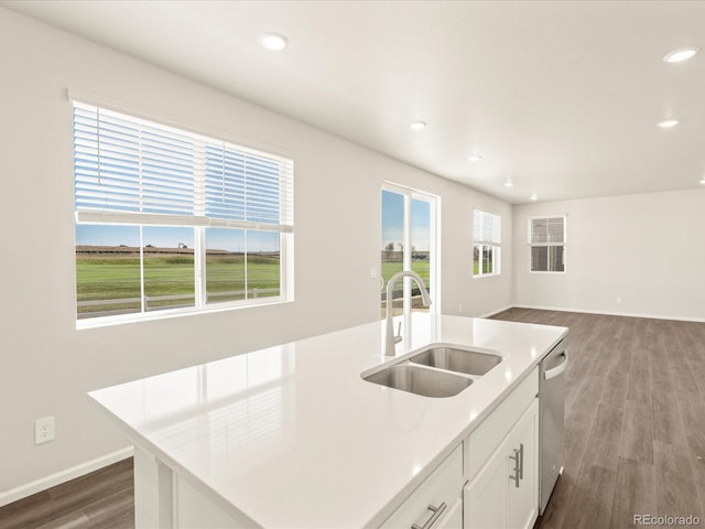 kitchen featuring a center island with sink, sink, white cabinetry, stainless steel dishwasher, and wood-type flooring