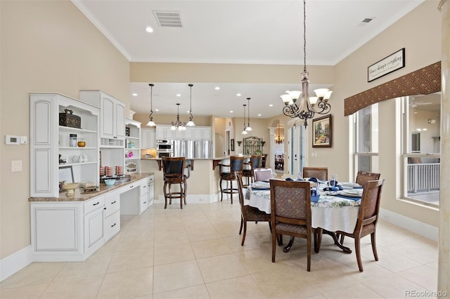 7615 Lemon Gulch Way, Castle Rock, CO 80108 - dining area featuring a chandelier, light tile patterned flooring, ornamental molding, baseboards, and recessed lighting