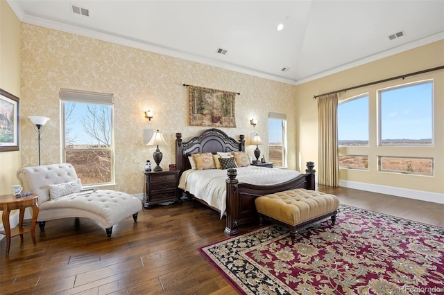 7615 Lemon Gulch Way, Castle Rock, CO 80108 - bedroom with wood-type flooring, ornamental molding, wallpapered walls, vaulted ceiling, and baseboards