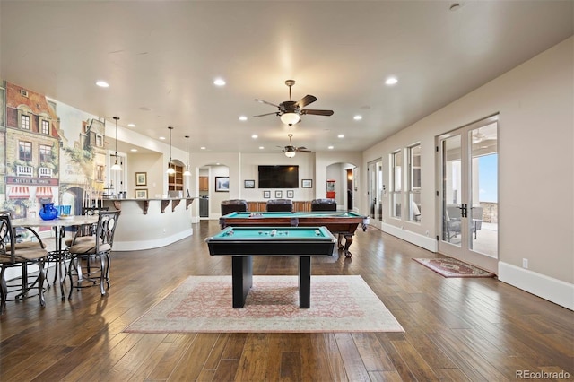 7615 Lemon Gulch Way, Castle Rock, CO 80108 - recreation room with arched walkways, pool table, dark wood-type flooring, a ceiling fan, and recessed lighting