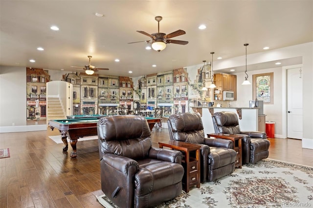 7615 Lemon Gulch Way, Castle Rock, CO 80108 - living room with pool table, a ceiling fan, recessed lighting, light wood-style flooring, and baseboards