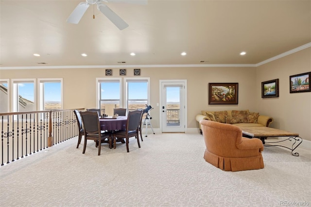 7615 Lemon Gulch Way, Castle Rock, CO 80108 - living room with light colored carpet, baseboards, recessed lighting, ceiling fan, and crown molding