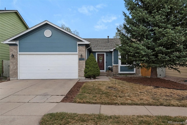 ranch-style house featuring a garage, brick siding, driveway, and a shingled roof