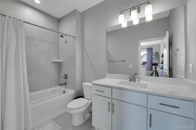 6211 W 28th Ct, Wheat Ridge, CO 80214 - bathroom with vanity, shower / bath combo with shower curtain, and tile patterned floors