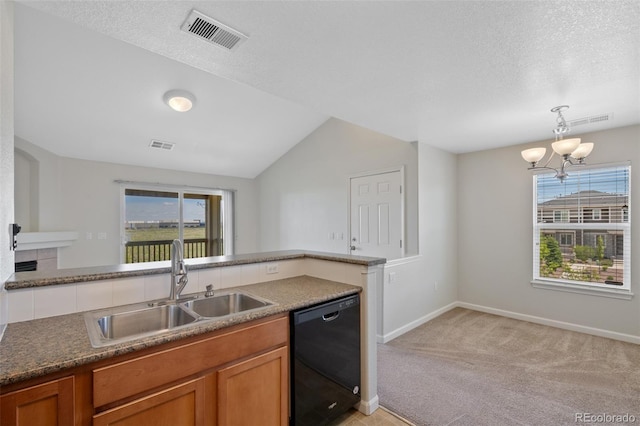 23451 E 5th Dr Unit 203, Aurora, CO 80018 - kitchen with black dishwasher, a sink, brown cabinetry, baseboards, and lofted ceiling