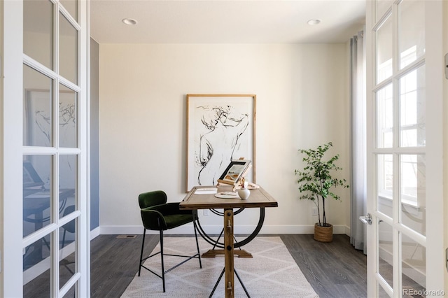 home office featuring french doors and dark wood-type flooring