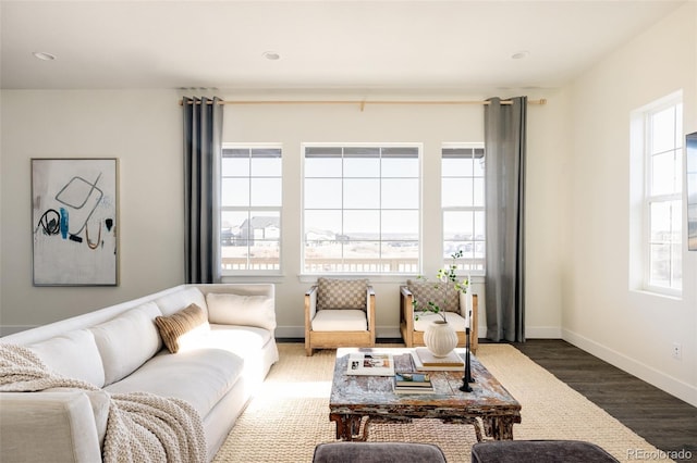 living room featuring a healthy amount of sunlight and dark hardwood / wood-style floors