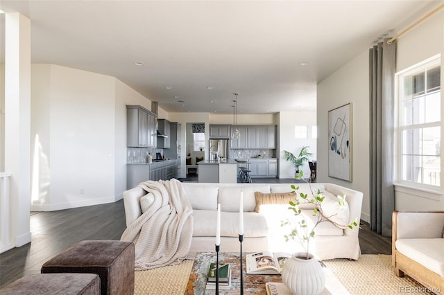 living room with dark hardwood / wood-style flooring