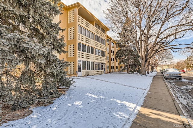 view of snow covered building