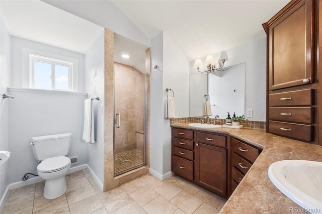 5991 S Eudora Way, Centennial, CO 80121 - bathroom with double vanity, a chandelier, a shower stall, toilet, and baseboards