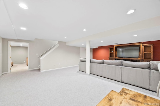 5991 S Eudora Way, Centennial, CO 80121 - unfurnished living room featuring baseboards, recessed lighting, stairs, and carpet floors