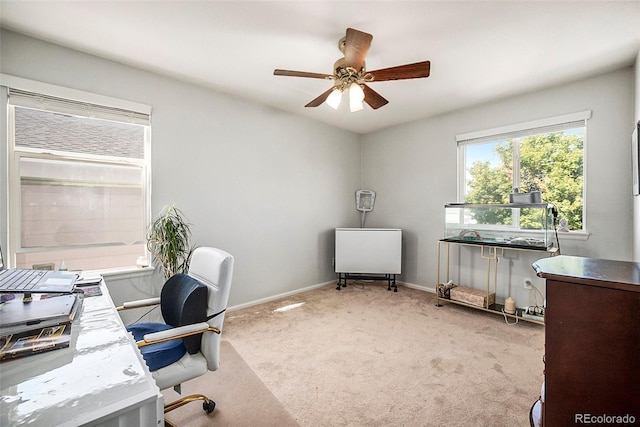 carpeted home office featuring ceiling fan