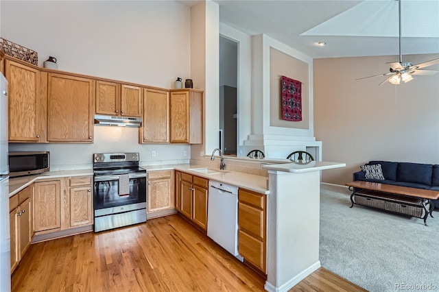 kitchen featuring appliances with stainless steel finishes, kitchen peninsula, ceiling fan, sink, and light hardwood / wood-style flooring