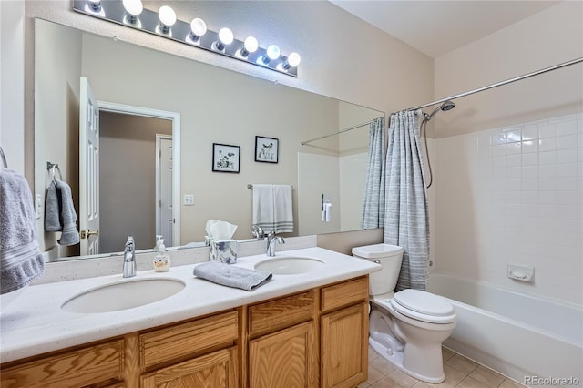 full bathroom featuring toilet, tile patterned flooring, shower / bath combo, and vanity