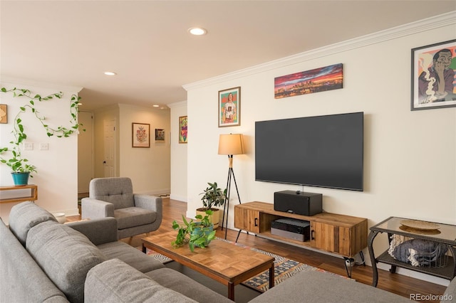 living room with ornamental molding and dark hardwood / wood-style flooring