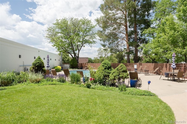 view of yard featuring a patio area and a fenced in pool