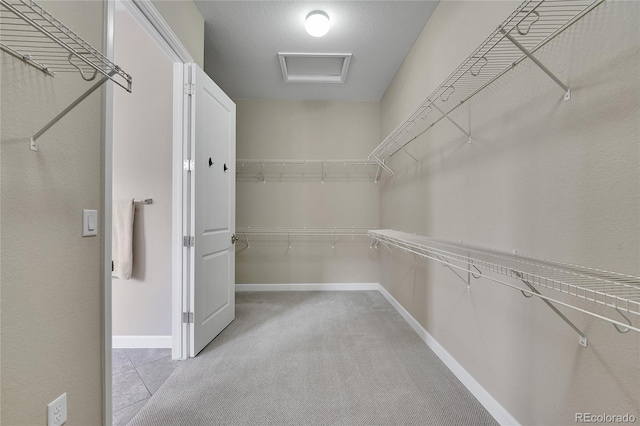 spacious closet with light carpet and attic access